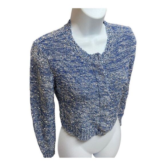 Axara Paris Women’s XS Sequin Crop Sweater Blue Gold Long Sleeve Bright Spring‎ - Picture 12 of 13